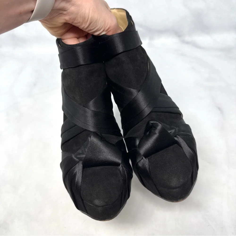 Charlotte Olympia Satin Wrap Turban Knot Suede Platform Block Heel Ankle Boot 37